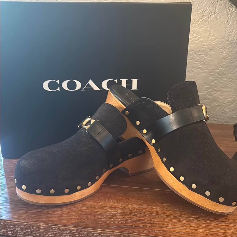 Beautiful Coach Black Suede Clogs with Wooden Heel